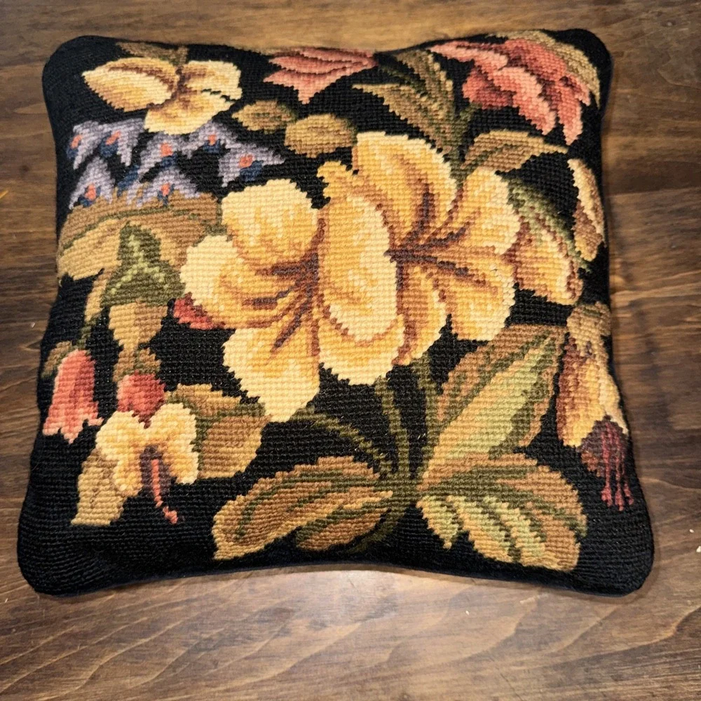 Vintage Floral Wool Black Needlepoint Throw Pillow Cottage Decor 11